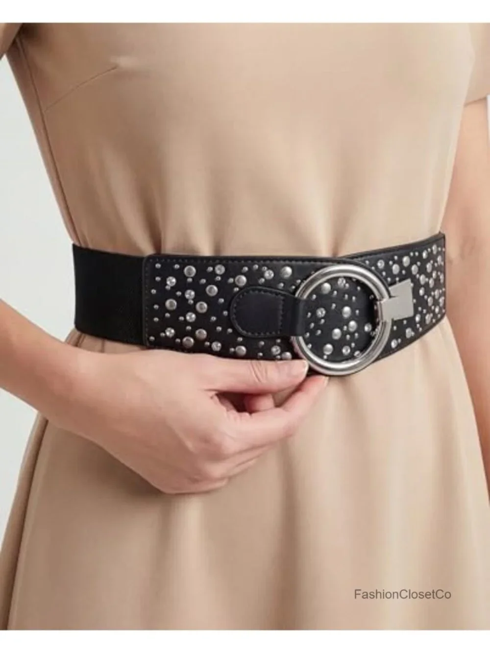 Faux Leather Studded Wide Belt with Ring Hook Closure, Elastic Back